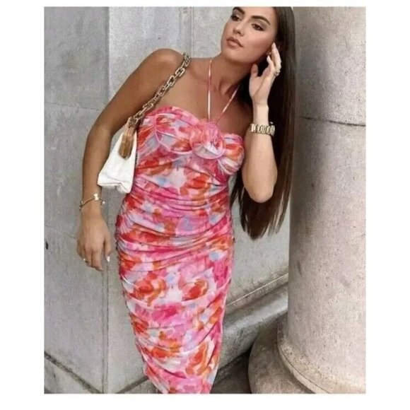 Zara Floral Printed Tulle Dress Off-Shoulder Pink 5039/680 Bloggers Small - Picture 1 of 8